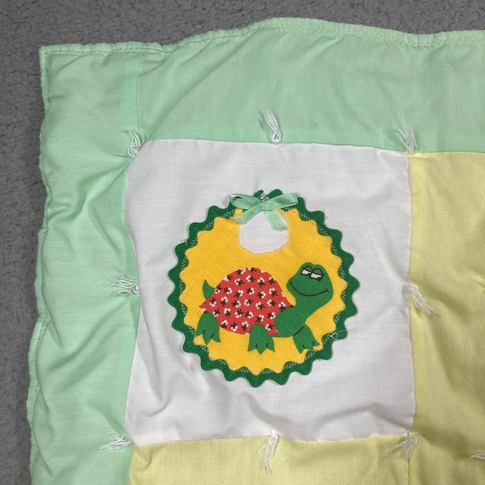Handmade Vintage Baby Lap Quilt Green Yellow 3D Applique Patchwork Blanket FLAW